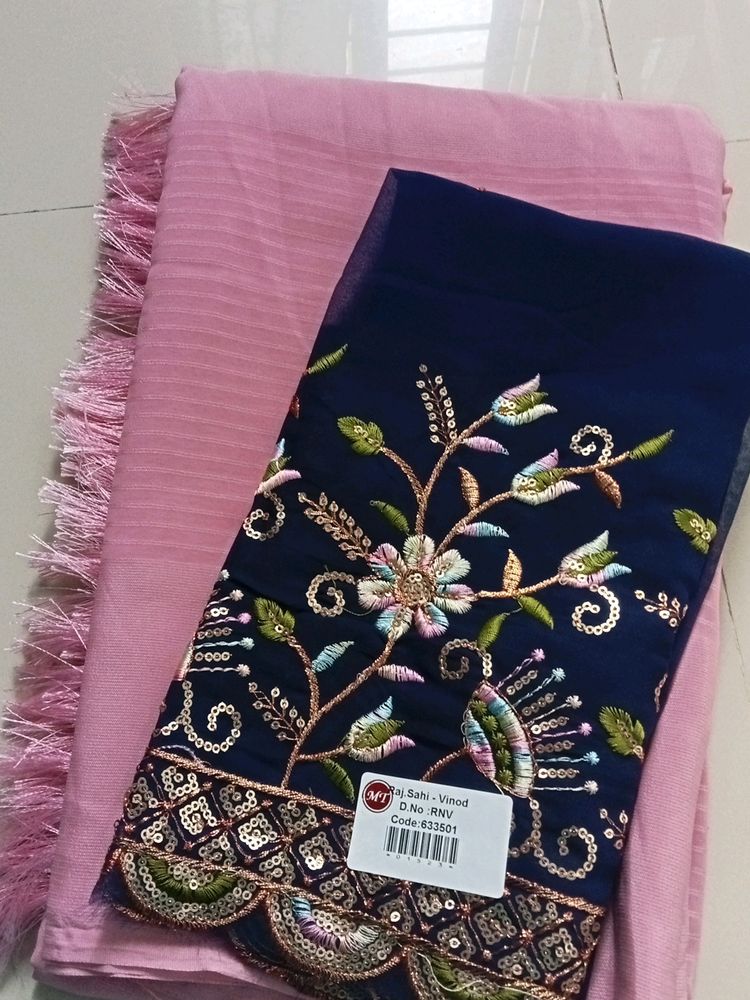 New Pink Saree With NavyBlue CutWork Blouse