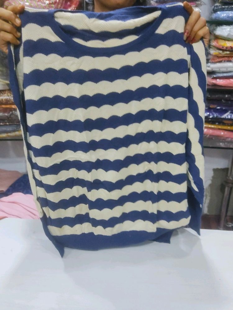 Blue And Beige Mock Neck Sweater Top