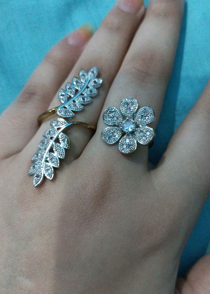 Two Finger Flower And Leaf  Ring