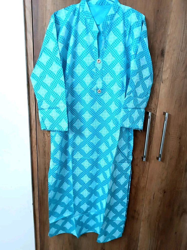 Printed Stitched Cotton Kurta In Light Blue Color