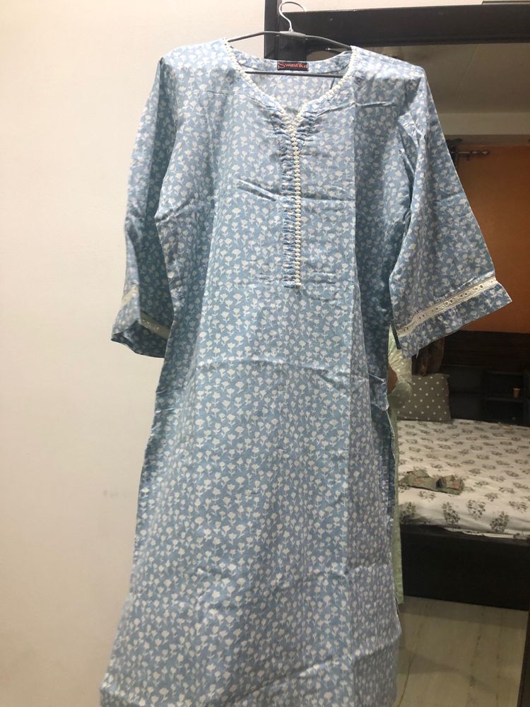 Beautiful Blue Flower Print Kurti With Bell sleave