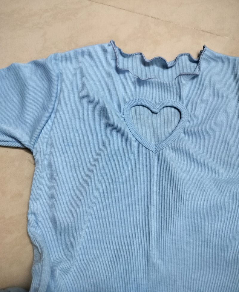 Heart Cut-out Light Blue Ribbed Top