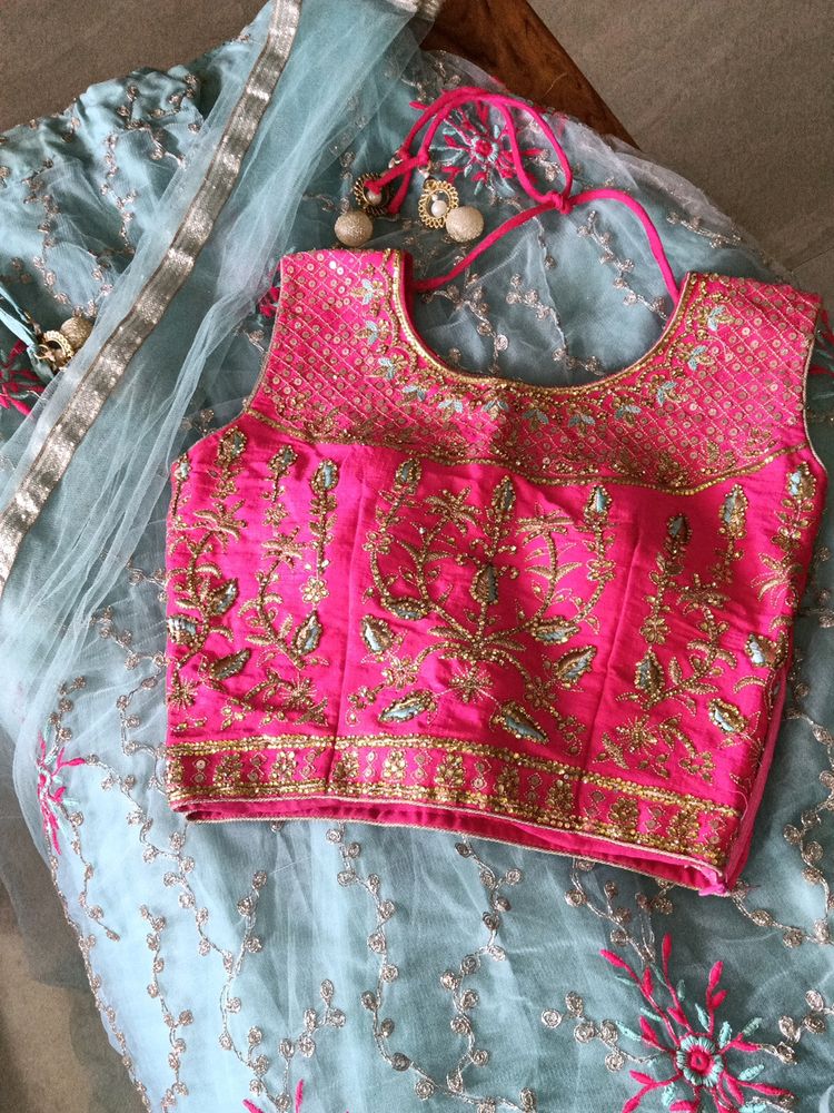 Pink And Sea Green Lehnga With Dupatta