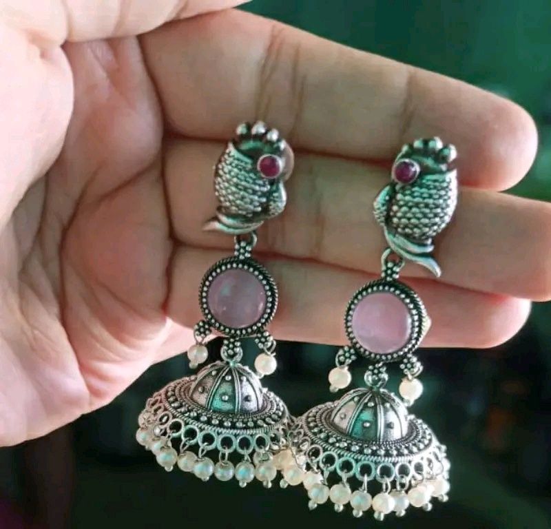 Peacock Jhumkhas Pearls Oxidised Silver Ethnic