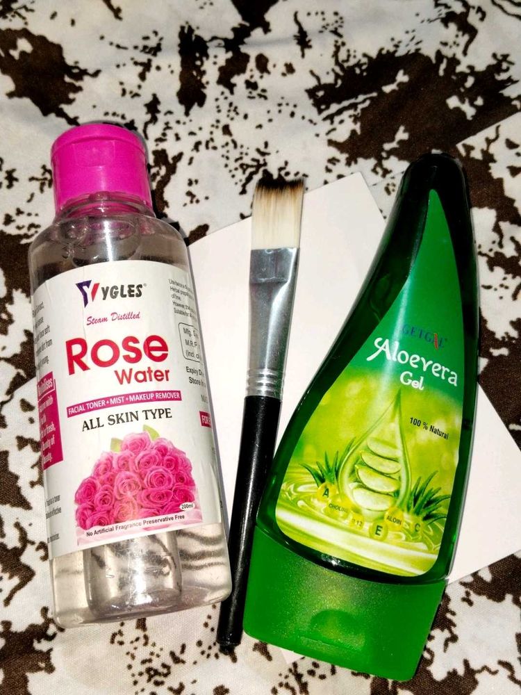 Rosewater, Aloevera Gel, Brush Combo