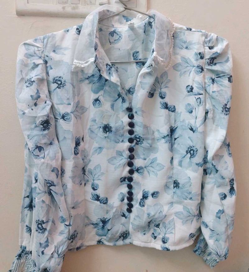 White With Blue Flower Printed Top