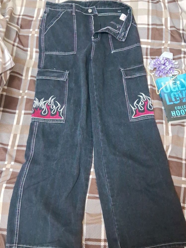 Black Baggy Jeans With Red Flames !!