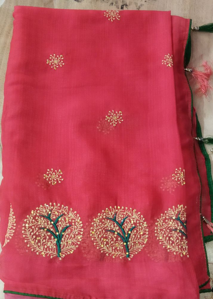 Red Color Georget Saree With Pico And Palls