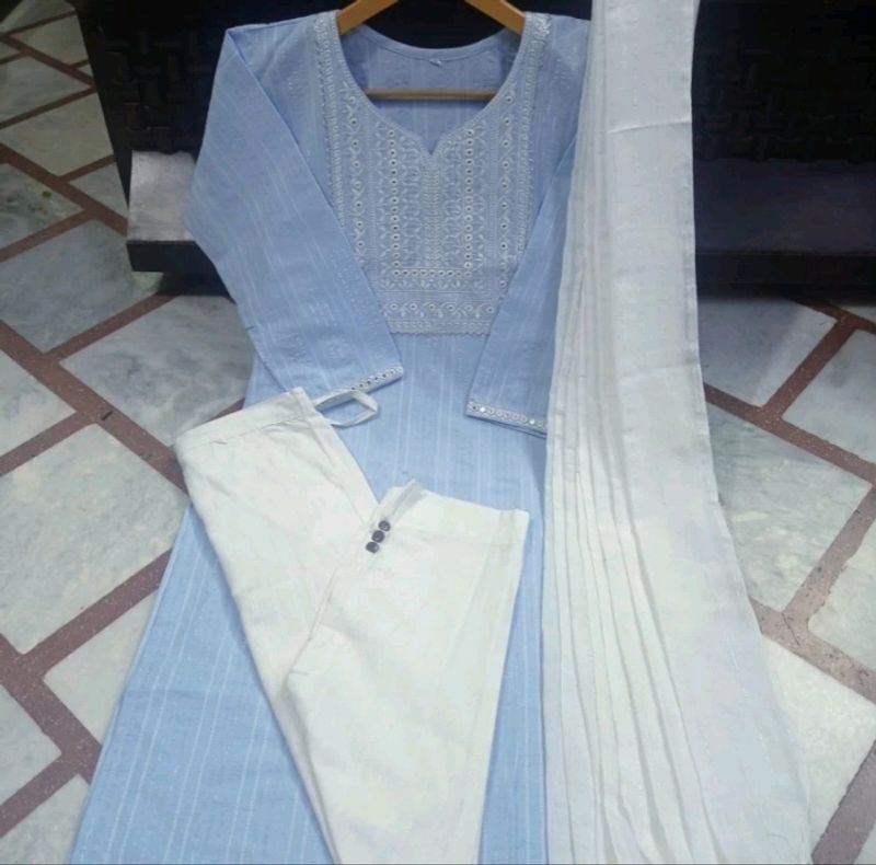 Khadi Cotton Kurta, Pant And Dupatta Set