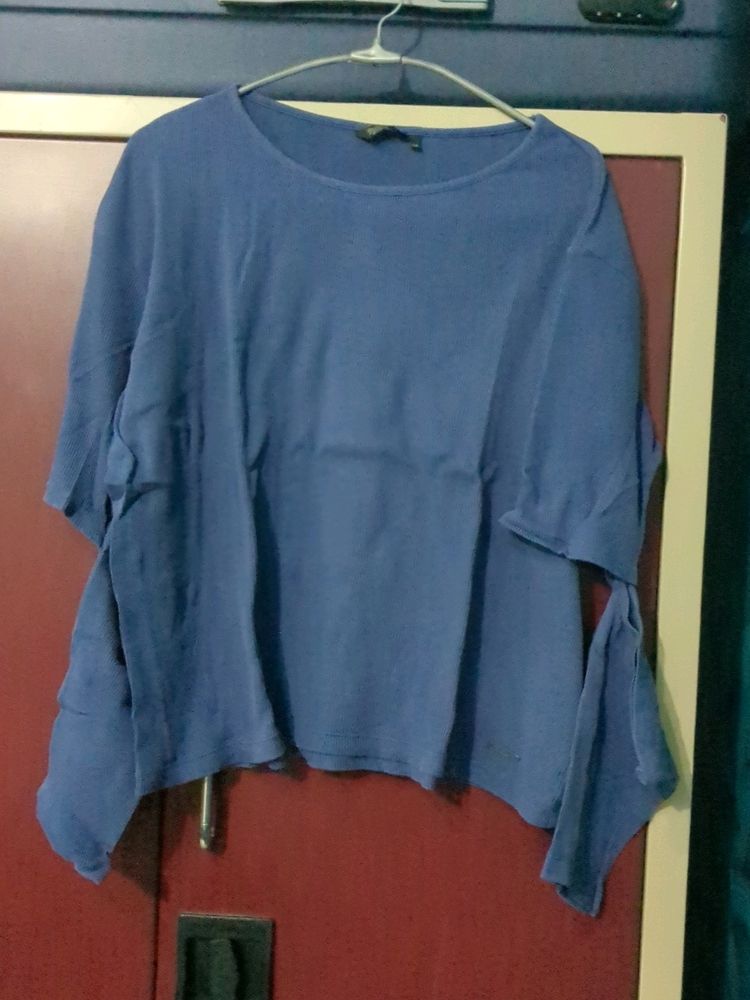 Blue Ribbed Full Tshirt With Cut Sleeves Design