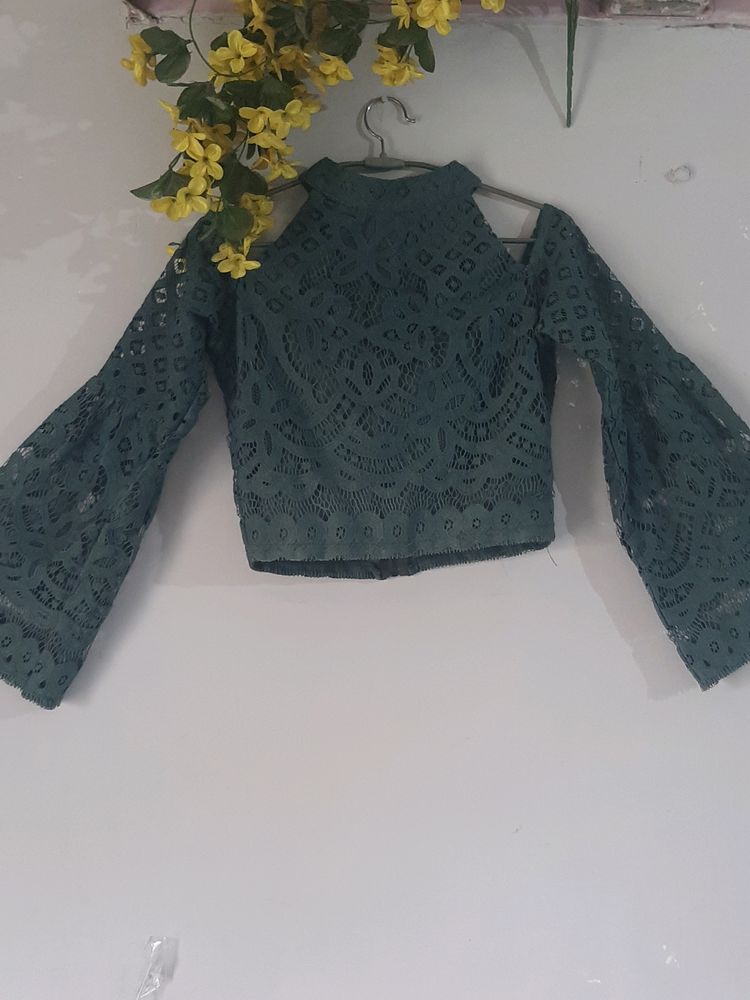 Elegant Cut Shoulder Green Embroidered Crop Top