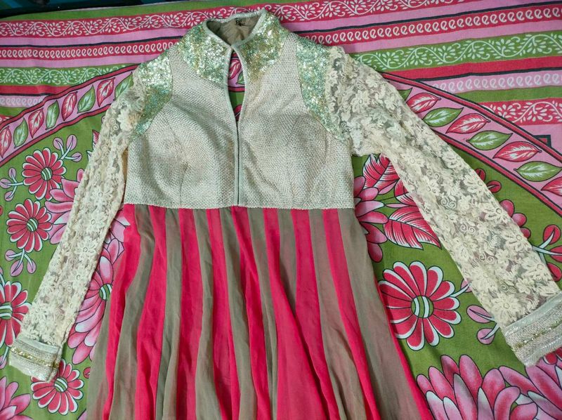 Pink And Golden Anarkali Dress