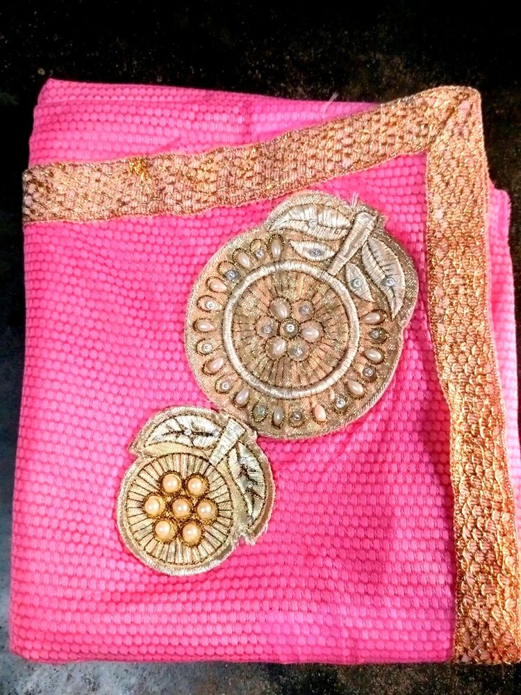 Rose And Golden Work Net Saree