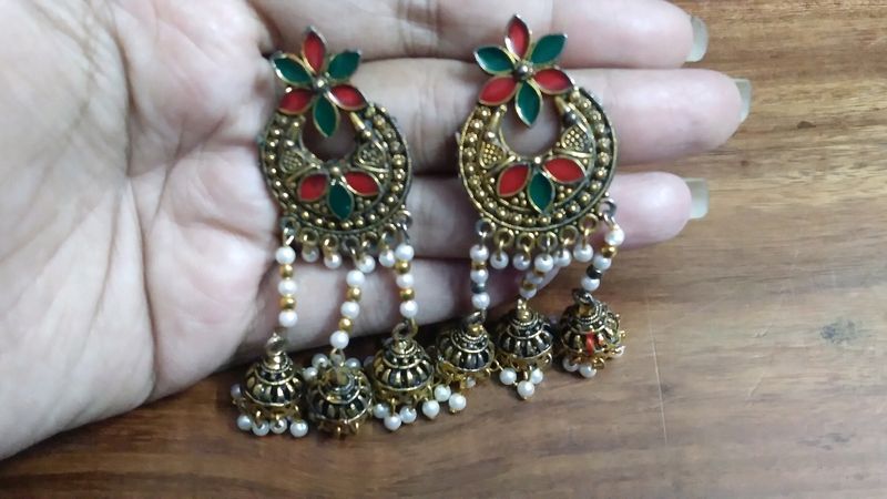 Enamel Colored 3 Jhumka Earrings