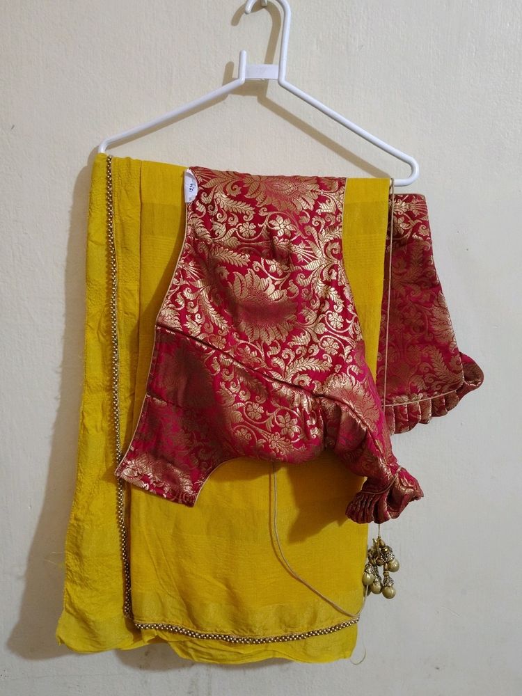 Yellow And Gold Saree With Red Banarasi Silkblouse