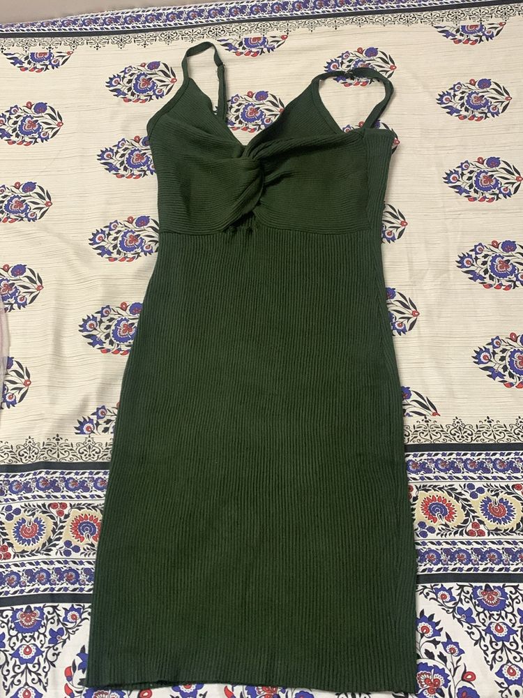 Dark Olive Green Knotted Ribbed Bodycon Dress