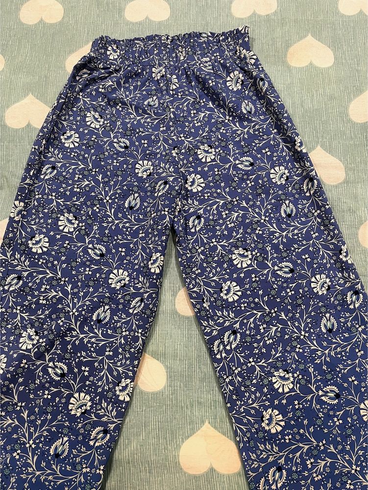 Women Elegant Blue Floral Roman Column Trouser