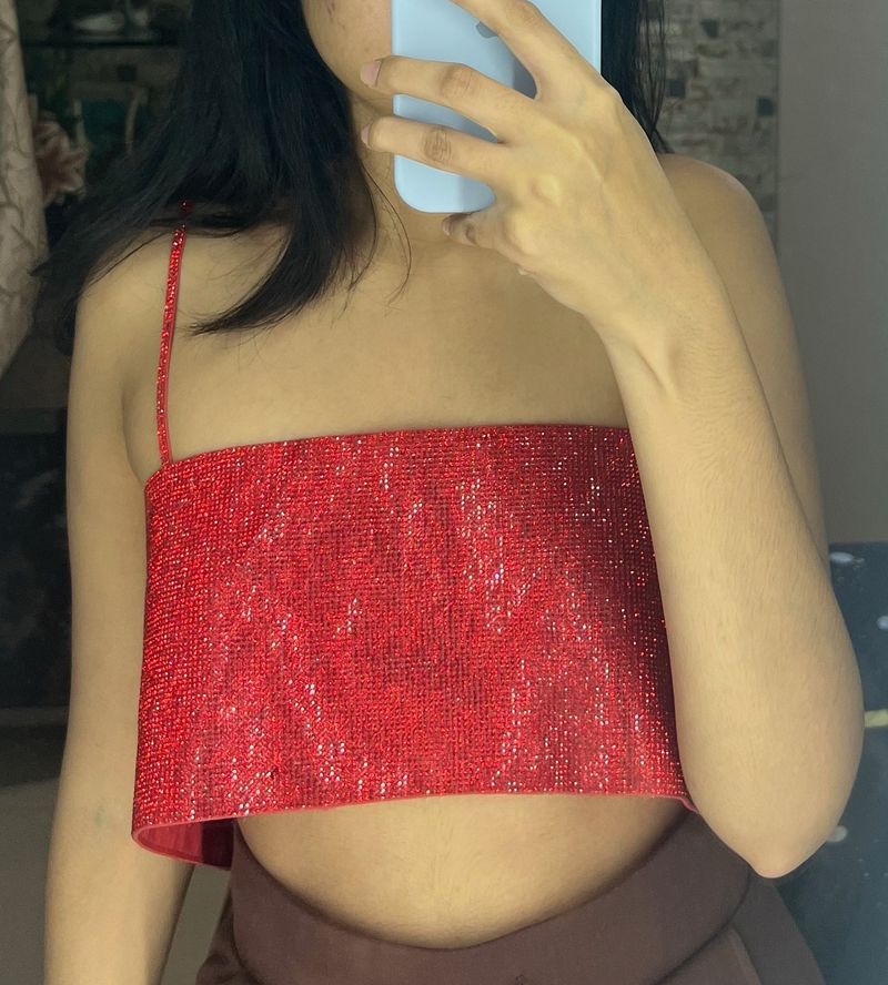 Red Rhinestone Crop Top By Zara