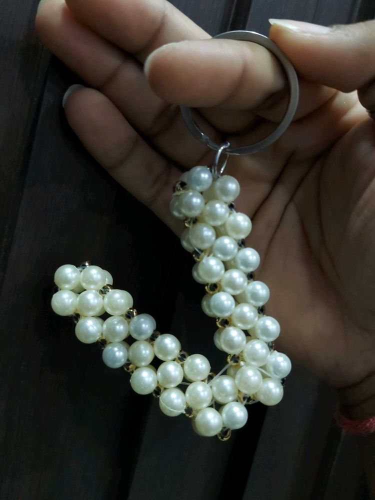 Handmade Pearl Initial V Keychain