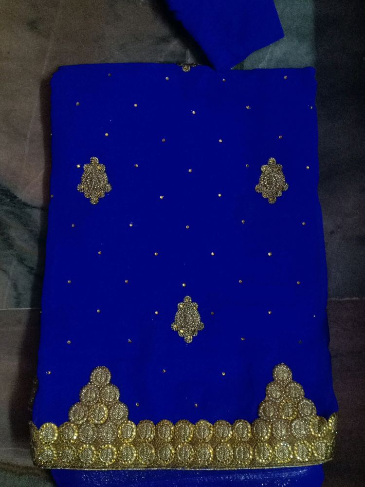 Blue Colour Designer Sareewith Gold Design Heavy W