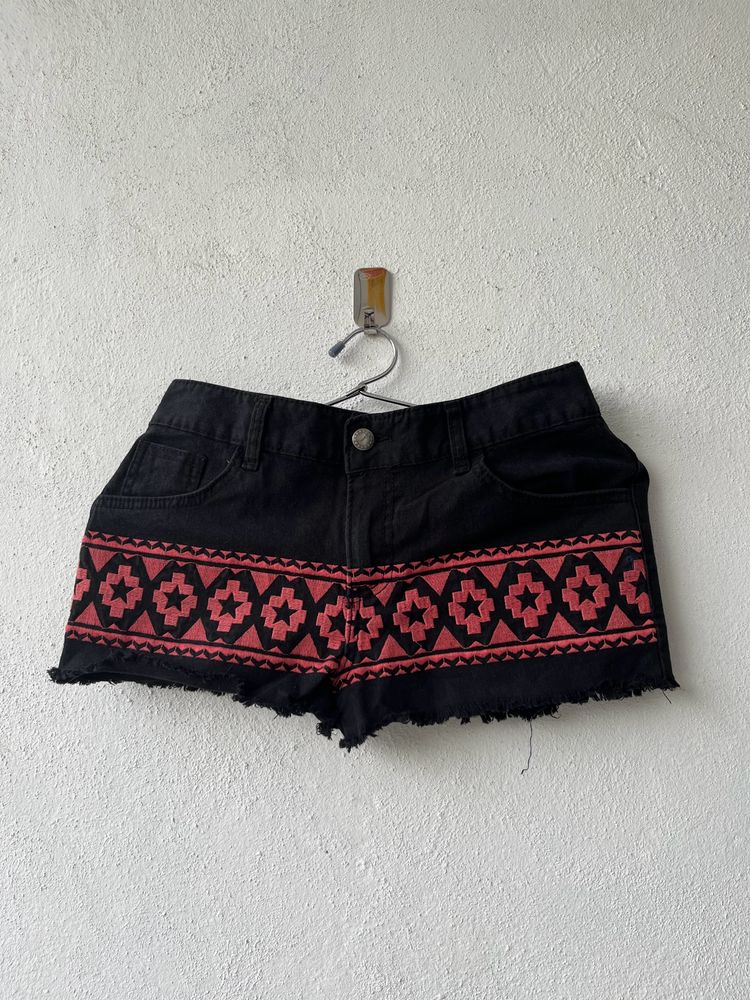 Black Denim Embroidered Shorts