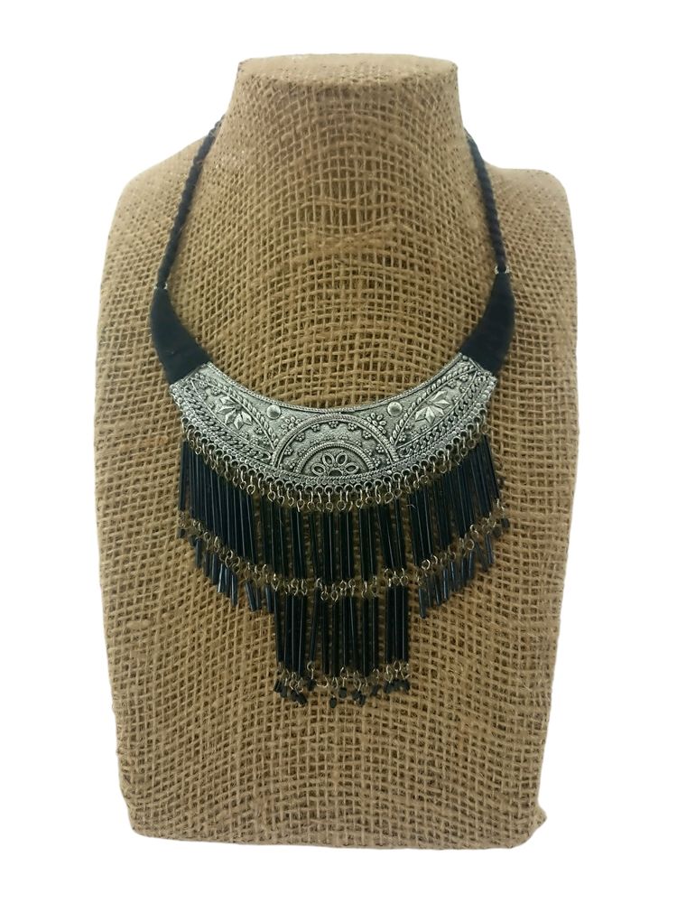 Black and oxidised silver-toned statement necklace