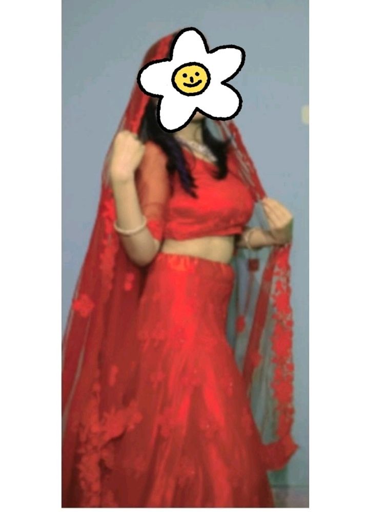 Cherry Red Stone Work Lehenga Only One Time Used