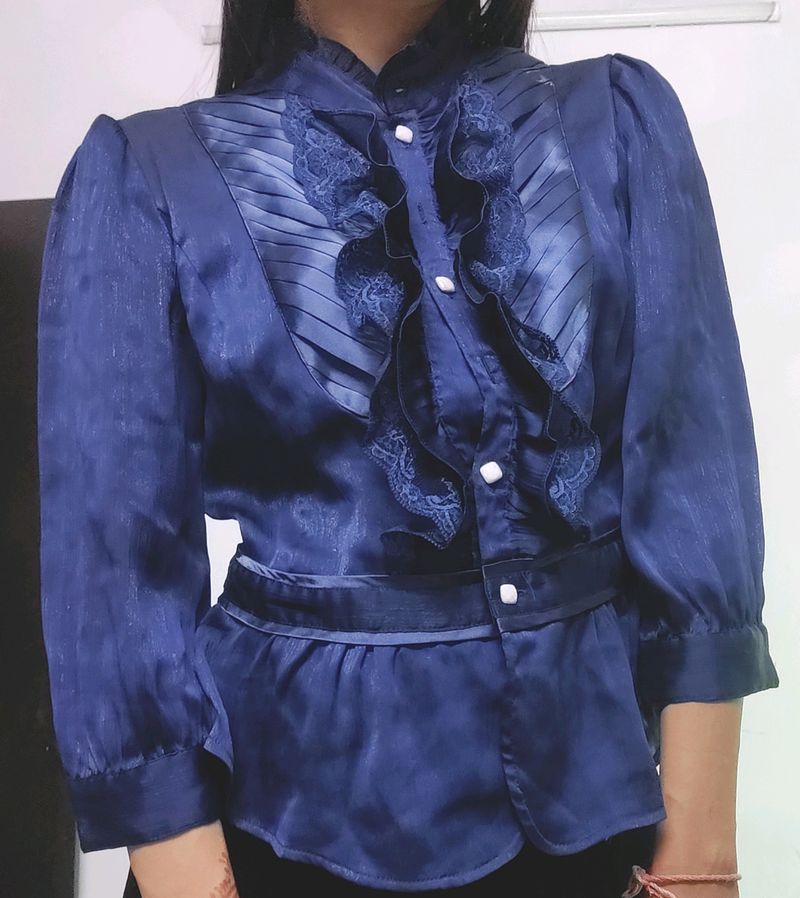 Korean Navy Blue Lace Shirt Top