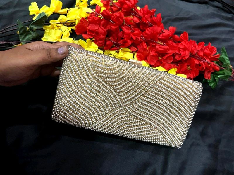 Golden evening clutch white stone embellished