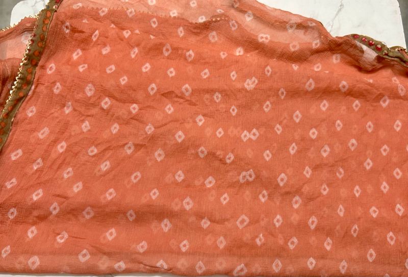 Orange Ornamental Print Kurta Trouser Dupatta (XL)