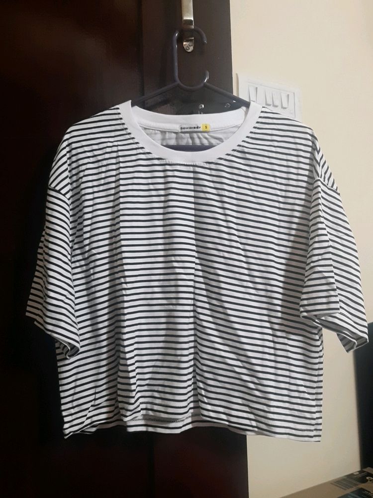 Black And White Striped Oversized Crop Top