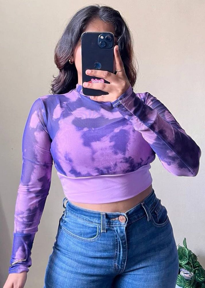 Purple Marble Print Mesh Top With Attached Inner