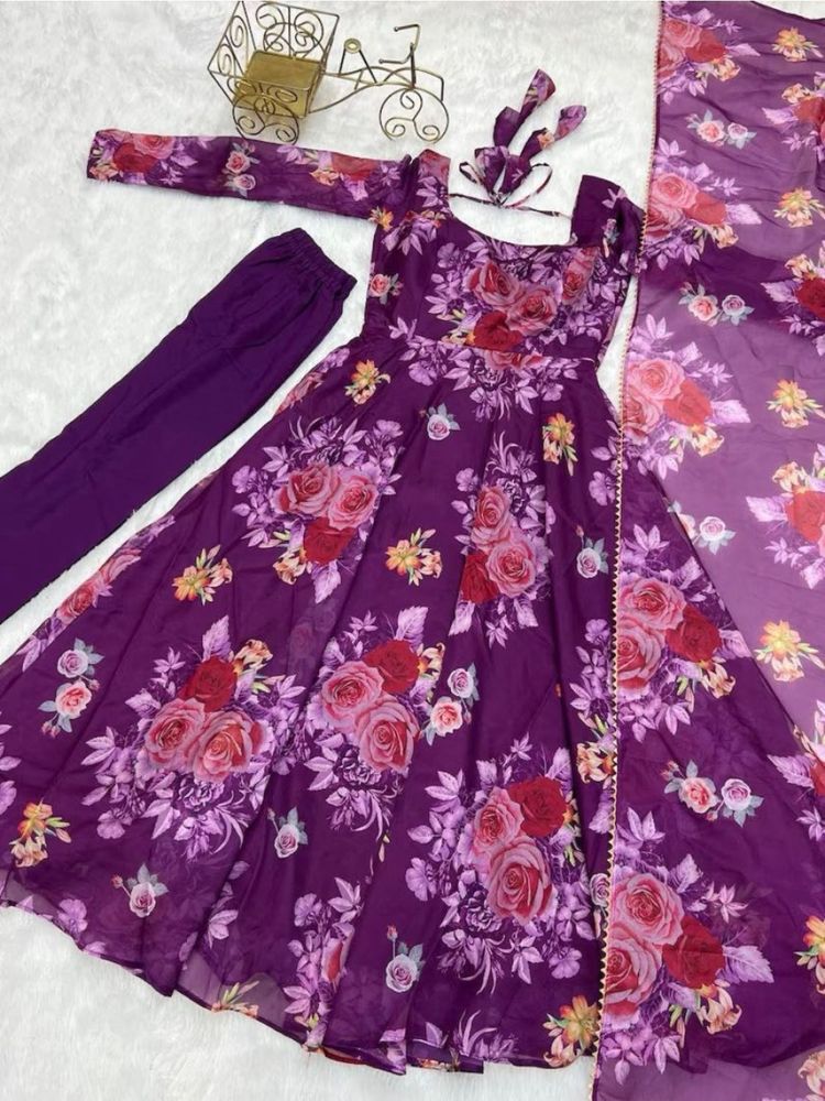 Purple Printed Anarkali Suit Set