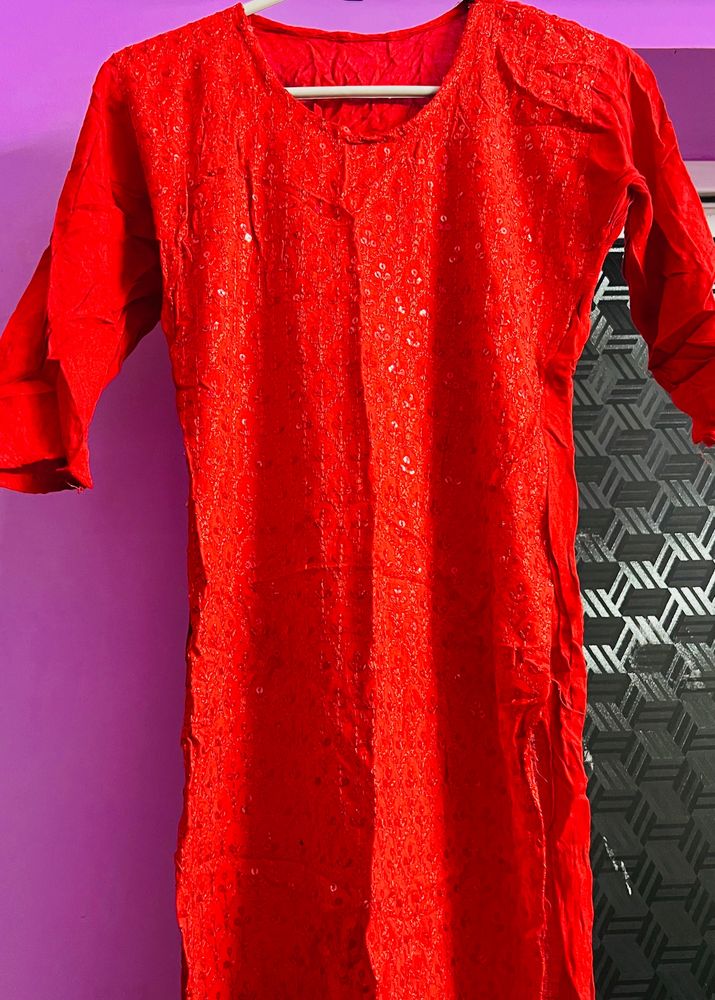 Red Chikankari Kurti With Sequence(Cotton)