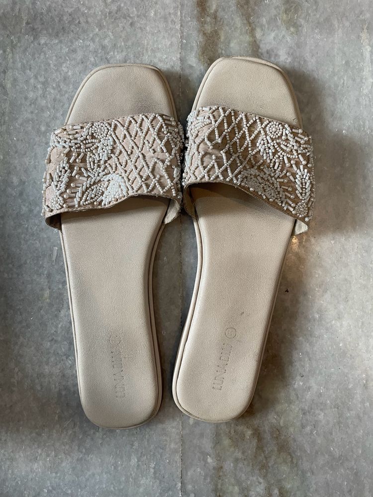 White Embellished Flats By Westside