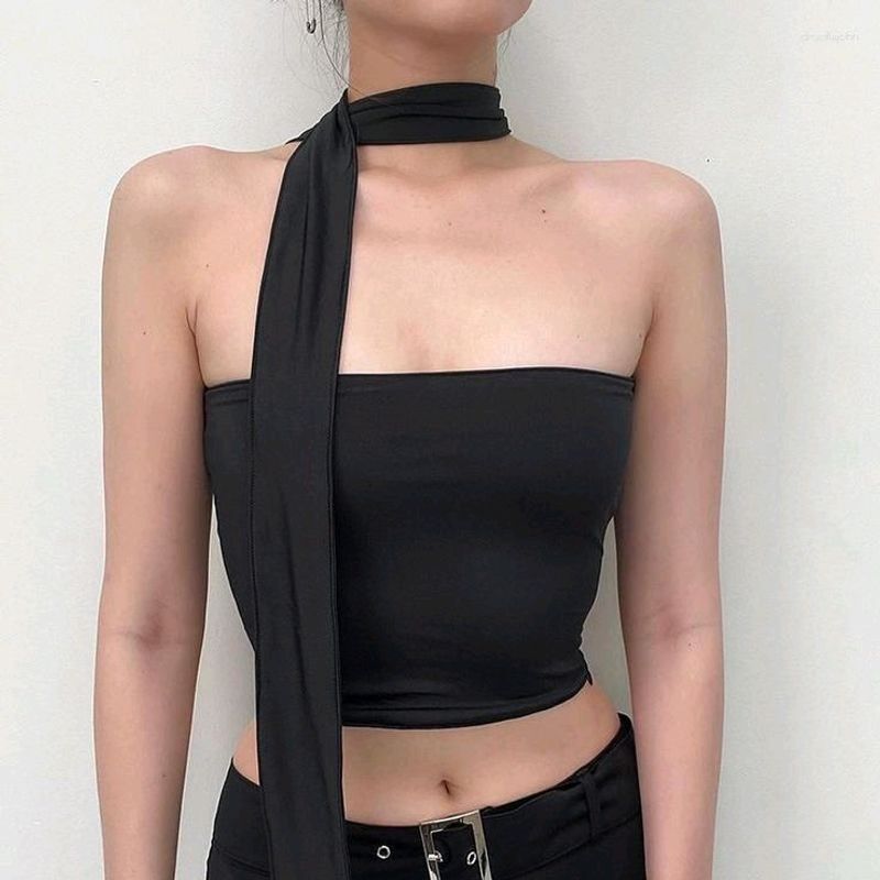 Black Lace Up Back Y2k Tube Top With Veil