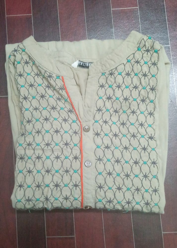 Khaki Colour Kurti Top With Embroidered Chest Work