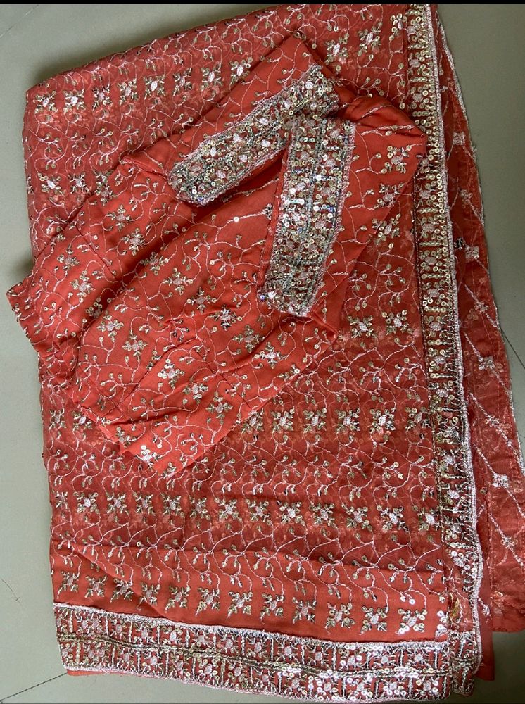 ❤🌸Beautiful Embroidered Coral Saree🎉