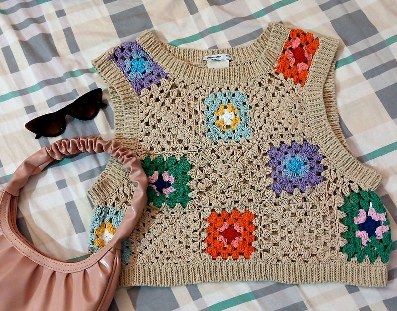 Multi Coloured Korean Crochet Crop Vest Or Top