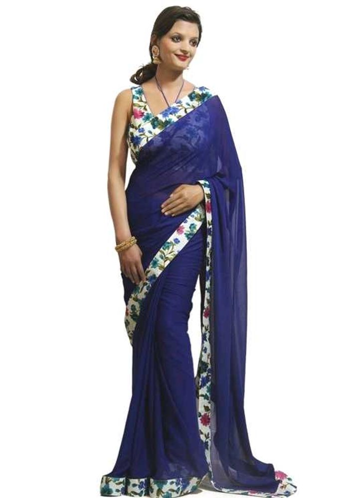 Plain Blue Saree With Blouse