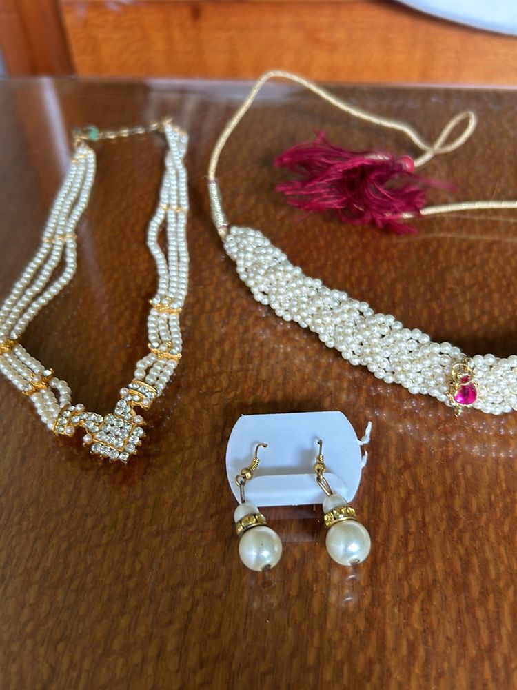 Combo Of 3-Pearl Neckpeice+choker+ Earrings