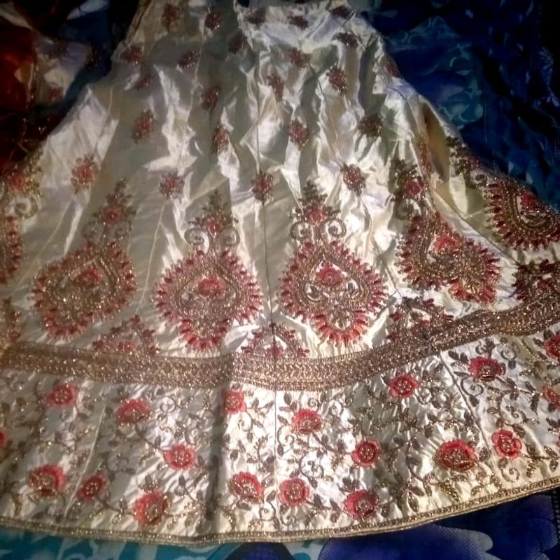 Golden Banarasi Lahenga With Blouse And Dupatta