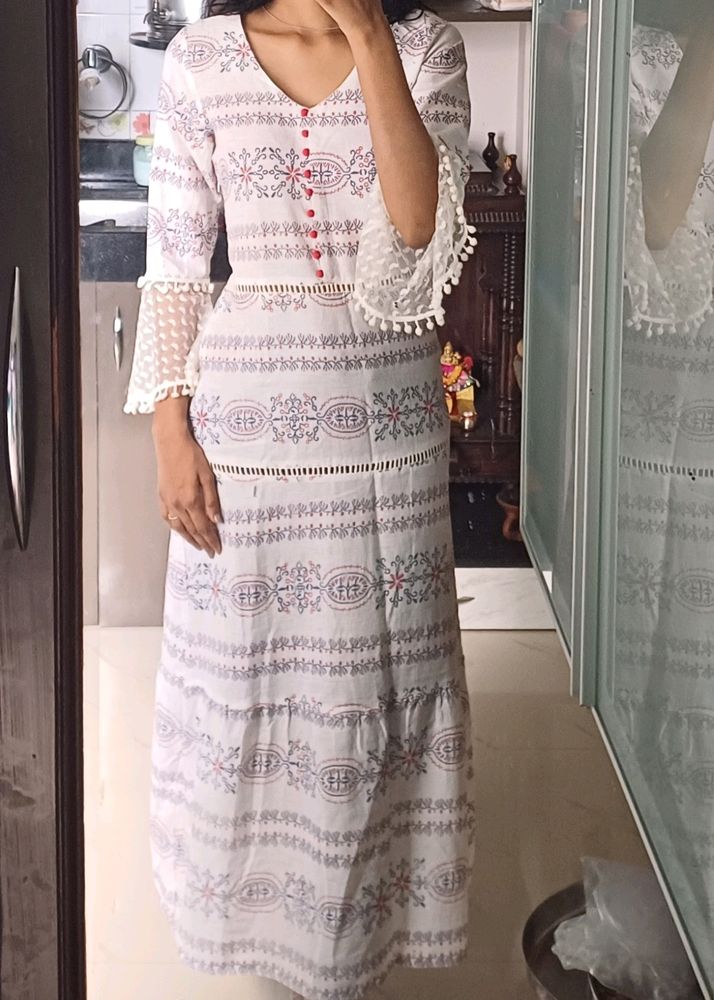 White Printed Bell Sleeves A- Line Dress