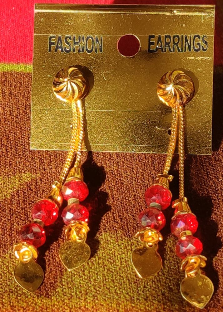 Gold and Red Dangle Earrings