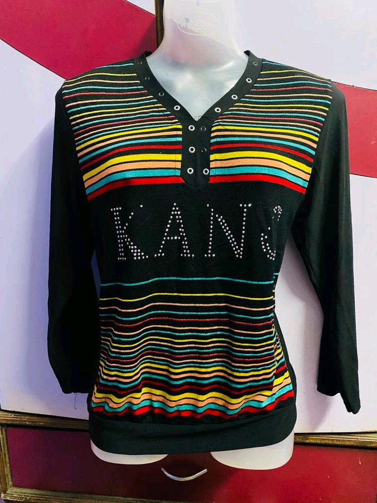 Black Designer Colourful Striped Top