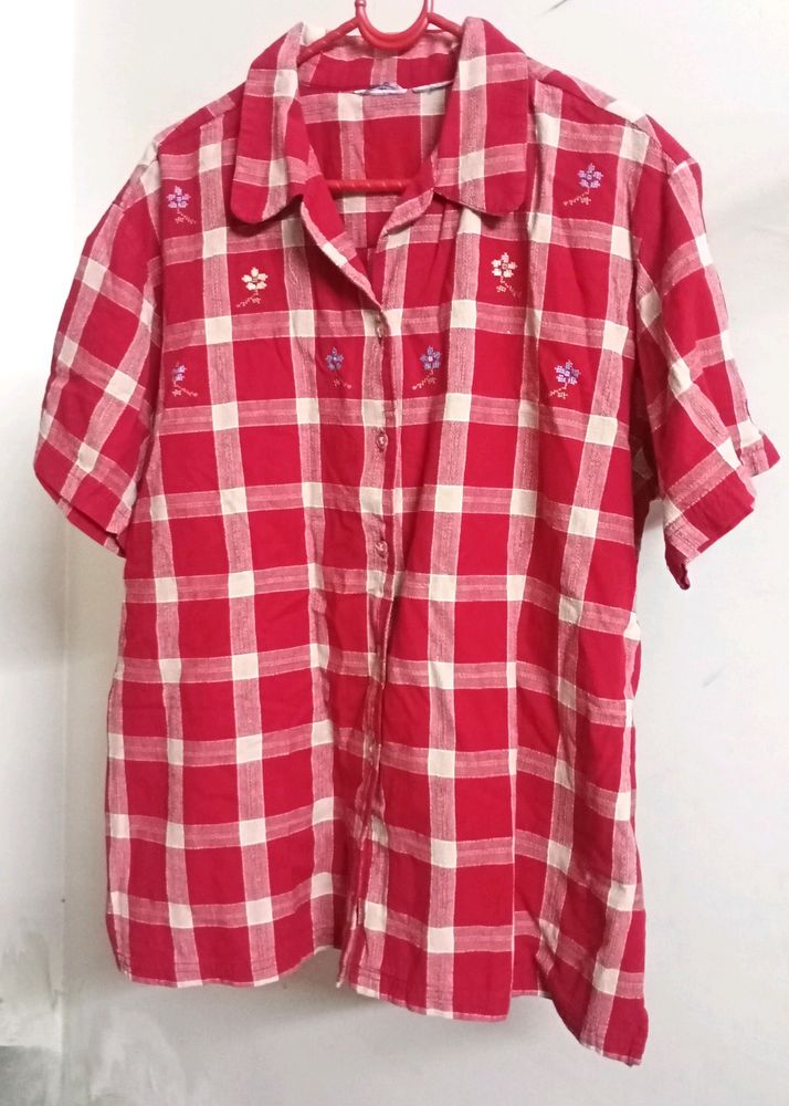 Red Check Cotton Shirt With Embroidery