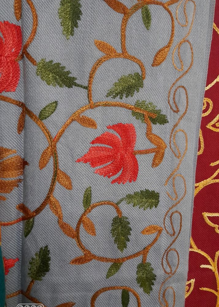 Kashmiri Embroidery Grey Shawl Woollen