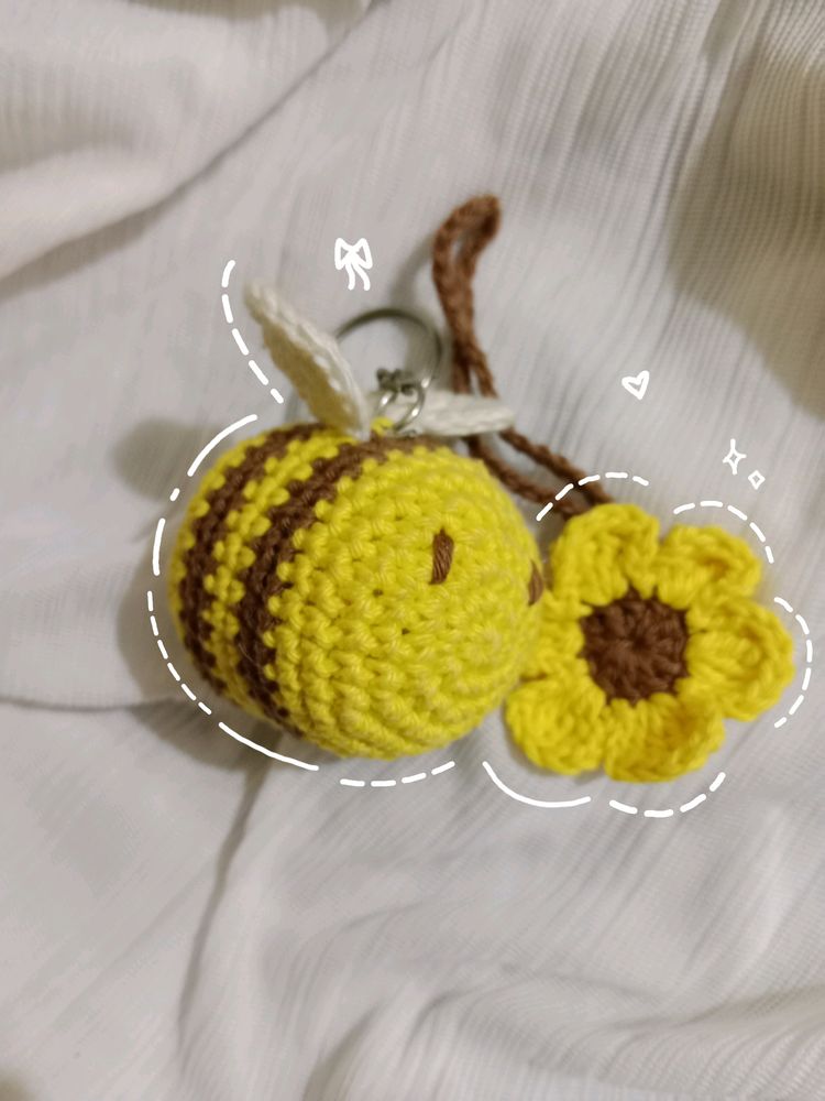 Combo- Crochet Bee Keychain And Flower Charm