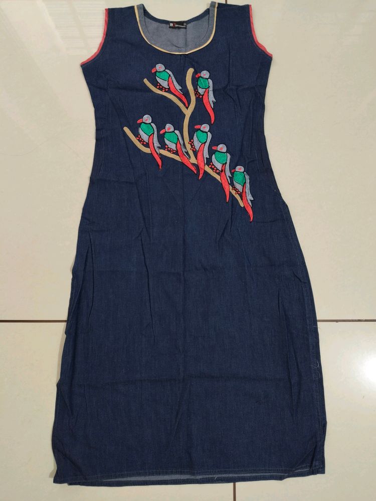 Dark Blue Parrot Design Sleeveless Kurti