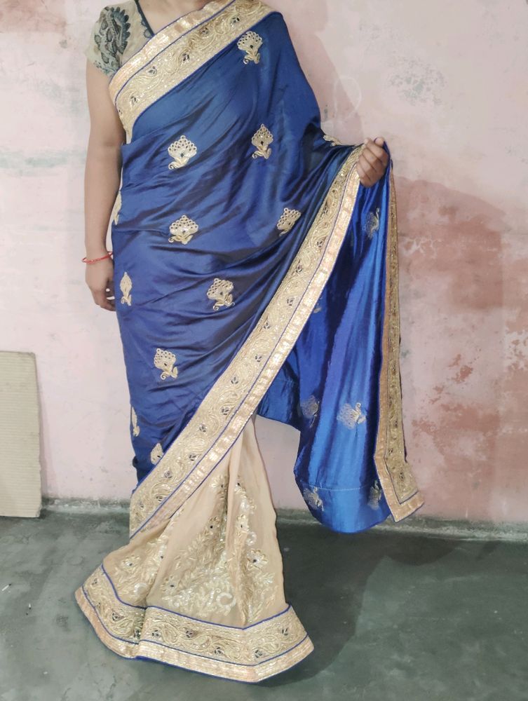 2 Color Saree. Navy Blue and Cream Saree